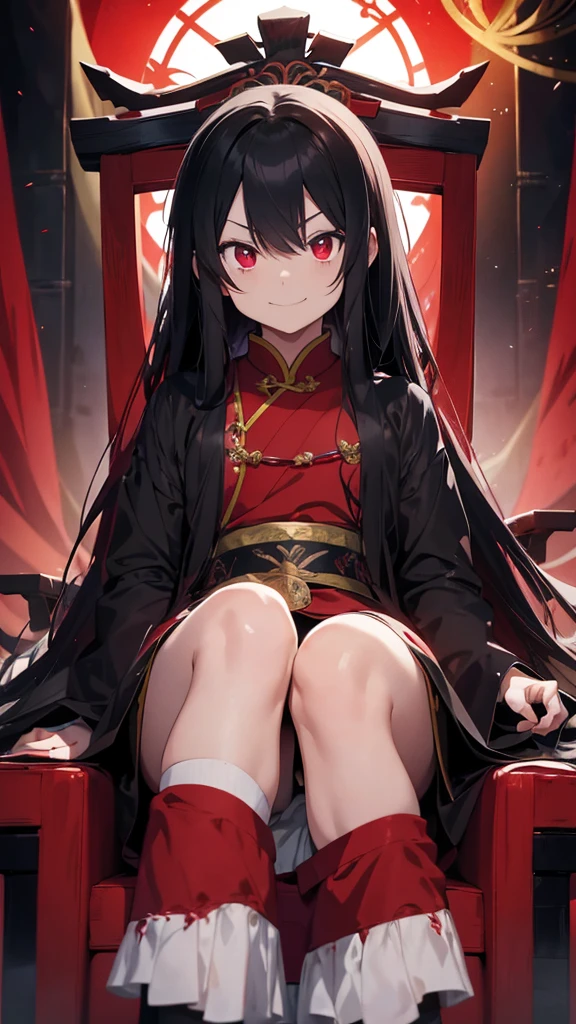 An anime man with long black hair, crimson red eyes, wearing black ancient Chinese clothes, sitting on a majestic and terrifying throne, a dark, crazy, luxurious image, an anime novel cover, a manga cover, smiling an evil and malicious smile, and he looks eight years old.
