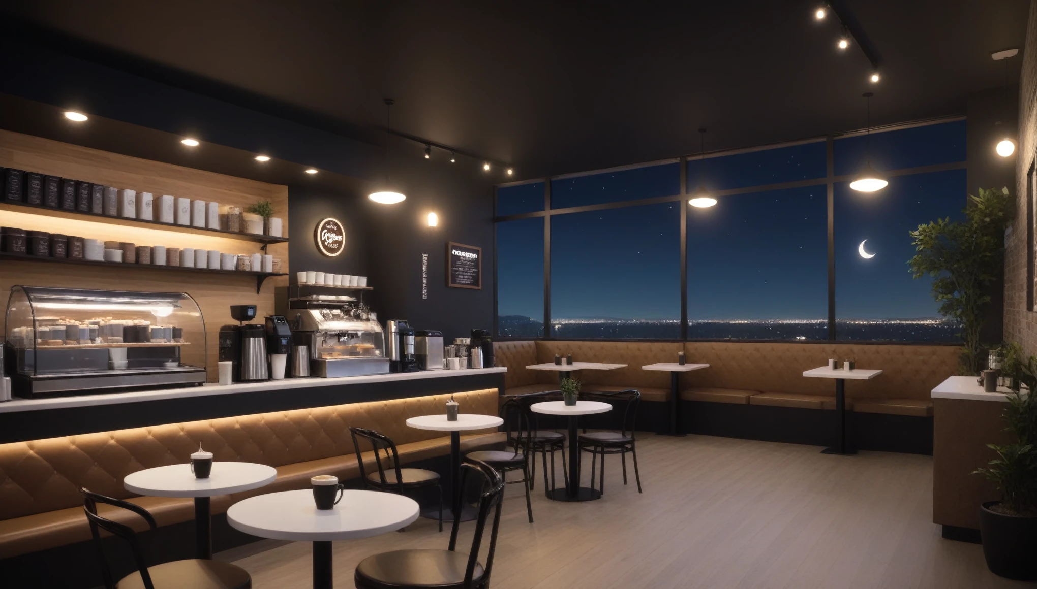 at night, frontal shot coffee shop interior, tables with coffee cups, and a big window in the center