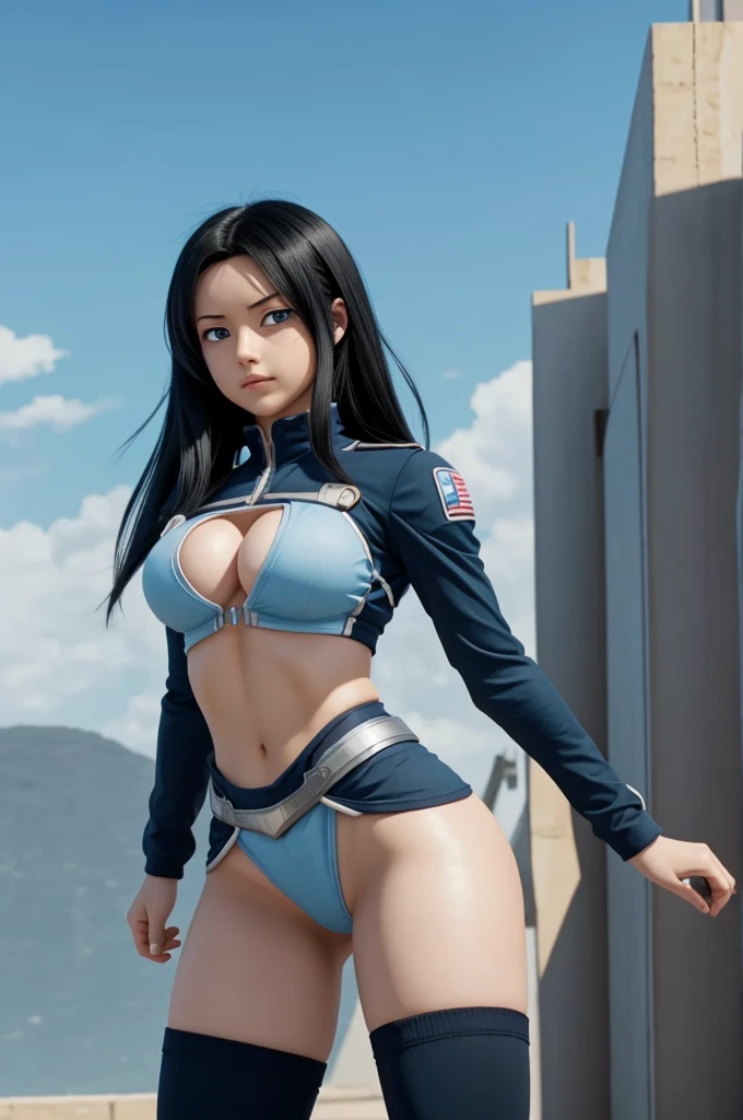 Screenshot of boku no hero academia, 160cm female character with straight black hair down to her buttocks, and light blue eyes, With hourglass body