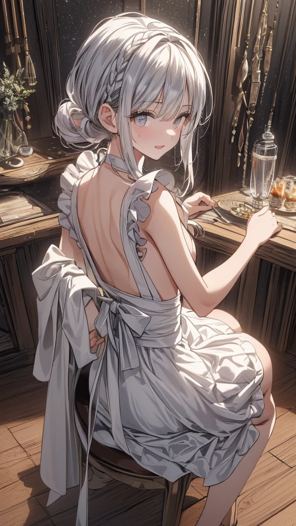 (from above:1.2),(from the side:0.9),(A masterpiece of image quality in 8K),(Beautiful Alafide woman),(((emphasizing breasts:1.1))),(Dynamic Angle),(Dynamic and sexy bending posture:1.3),(sit on the chair:1.1),(short hair，Shiny silver and orange interior,Small, plump breasts,Disorganization of clothing due to exercise,Slipping breasts,(Ponytail，Decorated with delicate braids and beads,Braided fishbone hair,),(See-through bang),(perky chest:1.1), (Pointed chest:1.3), Small Breasts、(((A white lace apron that shows your bare skin from under your Small Breasts)))、blush、Fascinated eyes、A smile that fascinates the audience、(Looking Back:1.7)、Look at the photographer,Sweat sparkling skin,Watching the audience,,(Professional lighting),(8K,On the table,Top quality,Ultra-high resolution output images,),(Ultra HD with intricate detail image mode),Depth of Field,Beautiful hands,Beautiful hands指,Detailed finger features,(Detailed hair features:1.7),Detailed facial features,Detailed clothing features, (perky chest:1.1), (Pointed chest:1.3), Seductive weak smile,(With sparkling eyes and an infectious smile),Small open mouth, 