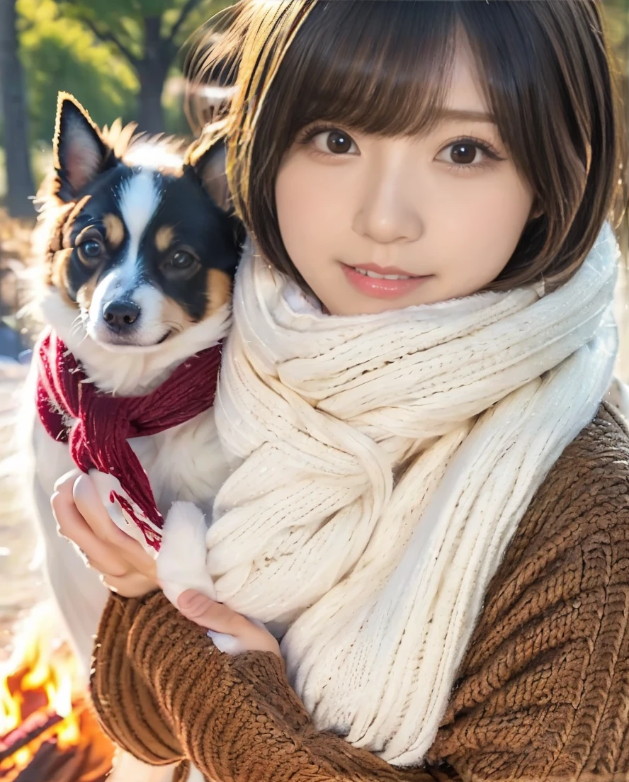 Being with a dog、A girl and a dog warming themselves by a bonfire、Lens flare、Hair blowing in the wind、Medium Short Hair、Fluffy scarf in warm colors、Expressing the whiteness of one&#39;s breath、Photo from the waist up、Night city illumination shot、Cowgirl Shot、Fur coat、豪華なグレーのミンクのFur coat、Wear fine leather boots、Luxury Bags、Inner turtleneck、Silver necklace and small silver earrings Millionaire style:1.4））、Full body photo、smile、 Caustics、Highly detailed photos、Very beautiful woman 、Ample breasts、No makeup、(8K、RAW Photos、Highest quality、masterpiece:1.2)、(Realistic、Realistic)、1 Girl、((Medium Short Hair、Midwinter、Cold region Snow falling、The wind is blowing、Fluttering Hair、Blur the background、Colorful illuminations、Looking into the camera:1.4))、
