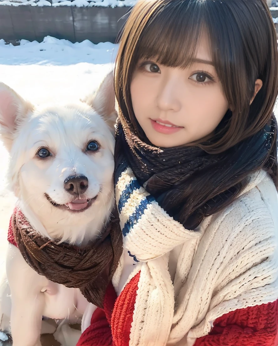 Being with a dog、A girl and a dog warming themselves by a bonfire、Lens flare、Hair blowing in the wind、Medium Short Hair、Fluffy scarf in warm colors、Expressing the whiteness of one&#39;s breath、Photo from the waist up、Night city illumination shot、Cowgirl Shot、Fur coat、豪華なグレーのミンクのFur coat、Wear fine leather boots、Luxury Bags、Inner turtleneck、Silver necklace and small silver earrings Millionaire style:1.4））、Full body photo、smile、 Caustics、Highly detailed photos、Very beautiful woman 、Ample breasts、No makeup、(8K、RAW Photos、Highest quality、masterpiece:1.2)、(Realistic、Realistic)、1 Girl、((Medium Short Hair、Midwinter、Cold region Snow falling、The wind is blowing、Fluttering Hair、Blur the background、Colorful illuminations、Looking into the camera:1.4))、
