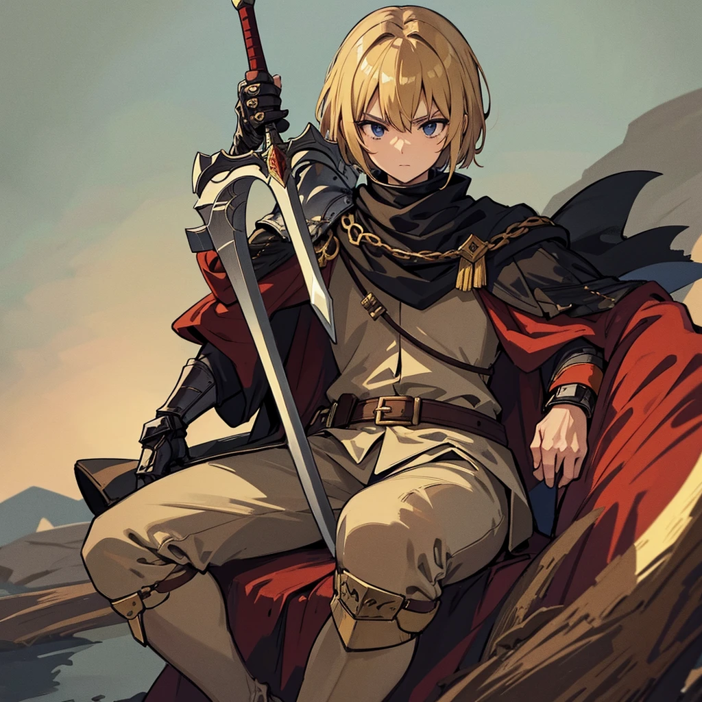After a major war、European knight with a great sword sitting on a log. A background full of corpses