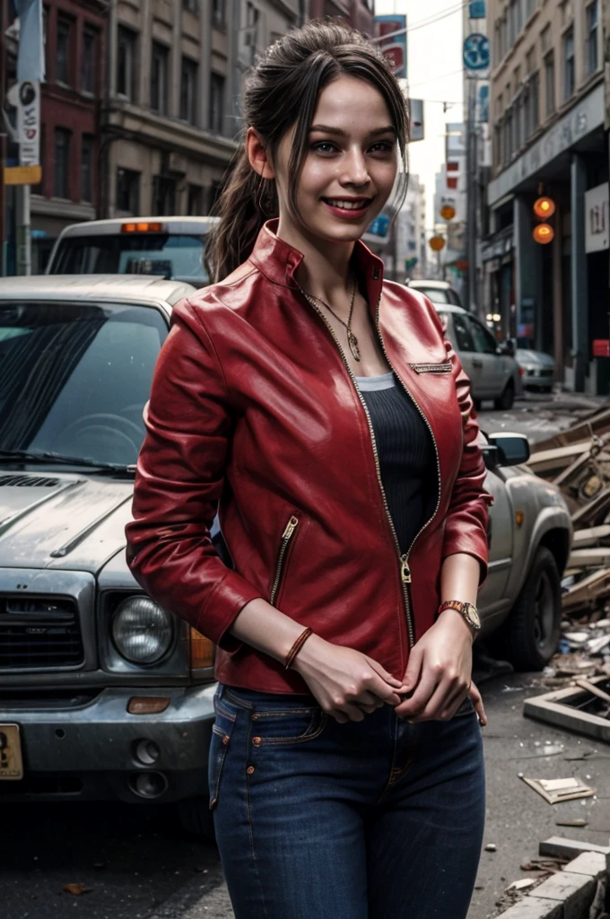 1girl, (realistic),(hyperrealism),(best quality),(masterpiece),(ultra high res),(photorealistic),idol,eye makeup,detailed eyes,detailed face,black dress, claireredfield2, brown hair, (red jacket:1.2), ponytail, (denim pants:1.3),, red wristband,, abandoned street, burning cars in background, littered street, smoke, chaos, zombie apocalypse, daytime, sunny,, hands in pocket, looking at viewer, smiling, closeup shot