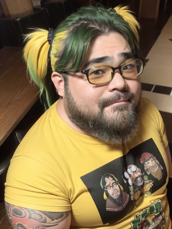Glasses, beard, Brown eyes, Fat face, 1 boy, Fashion Model, ((Twin tails)), (long hair), (Cowboy Shot), ((Yellow-green hair)), (Black T-shirt), Arm tattoo, Anime Tattoos,