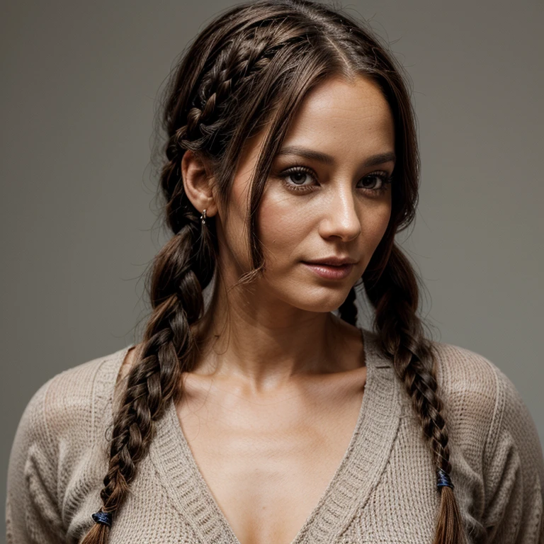 a beautiful woman, 35 years old, hair in ((two)) braids on each side, fine hair
