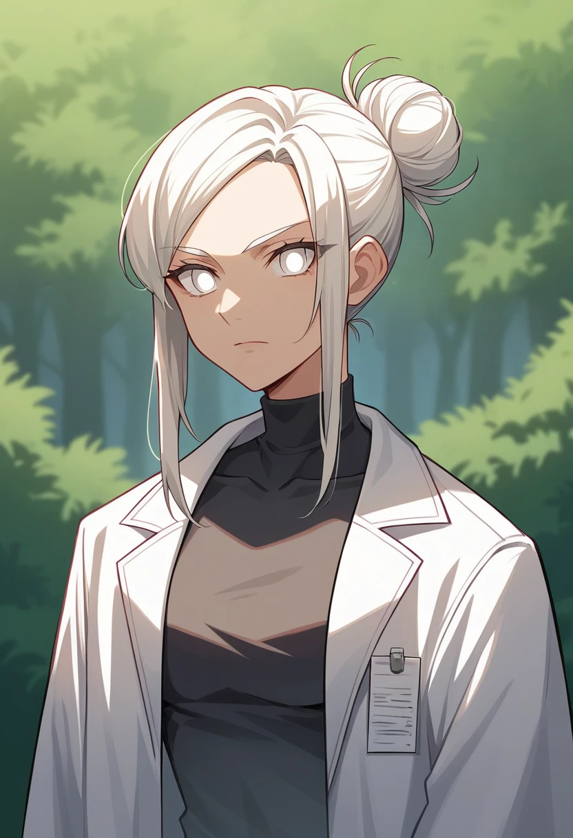 create a girl 1, hair, (white eyes), akatsuki outfit, ninja, cape, lab coat, turtleneck, collarbone, head, outdoors, hair bun part, hair, long hair, style 2d rendering, no background, coloring line art, cool coloring pages, coloring book art, coloring book page style vector lines, 8k