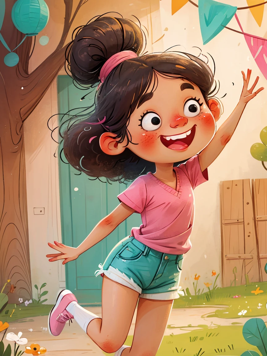 masterpiece, high quality, A cartoon *********** wearing a pink V-neck shirt and white shorts, Show your bright teeth, Big cute eyes, Super cute and stylish black-haired girl, Dance, J_Huiben