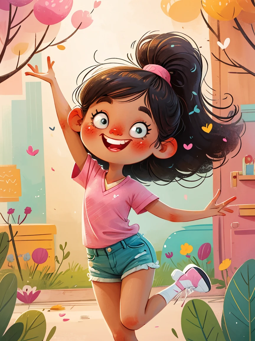 masterpiece, high quality, A cartoon *********** wearing a pink V-neck shirt and white shorts, Show your bright teeth, Big cute eyes, Super cute and stylish black-haired girl, Dance, J_Huiben