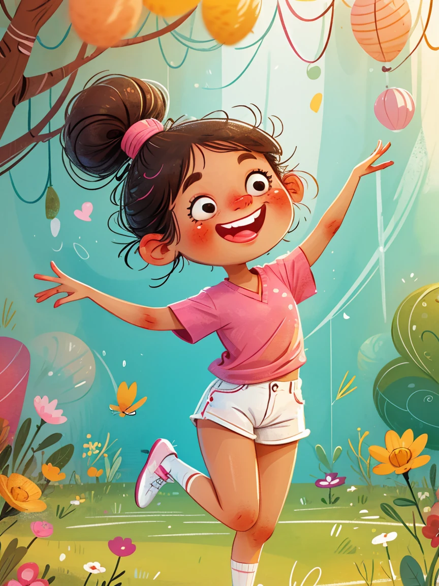 masterpiece, high quality, A cartoon little girl wearing a pink V-neck shirt and white shorts, Show your bright teeth, Big cute eyes, Super cute and stylish black-haired girl, Dance, J_Huiben