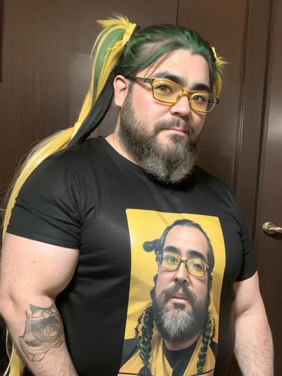 Glasses, beard, Brown eyes, Fat face, 1 boy, Fashion Model, ((Twin tails)), (long hair), (Cowboy Shot), ((Yellow-green hair)), (Black T-shirt), Arm tattoo, Anime Tattoos,