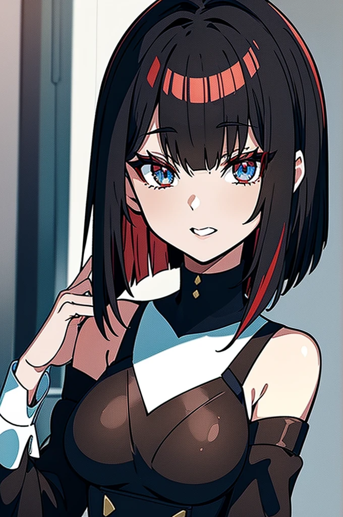 a beautiful girl with red hair wearing a black dress, detailed facial features, bob haircut, full body illustration, woman wearing a long black and red coat, solo character, white background, anime style, highly detailed, photorealistic, 8k, best quality, masterpiece, blue eyes, short hair