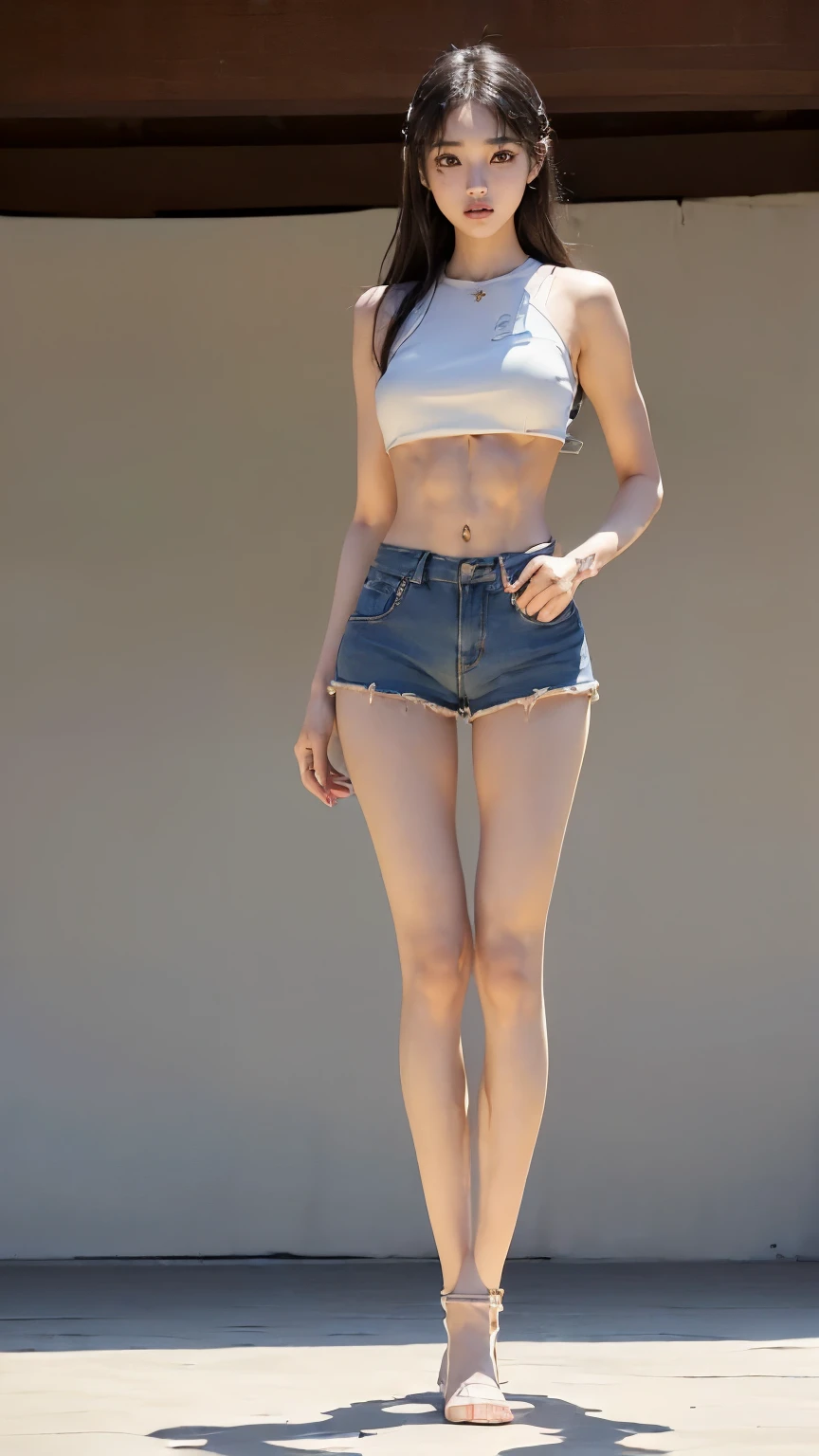 (8K、Raw photo、最high quality、masterpiece:1.5),(((((((Both of them stand with their legs apart:1.9))))))),(((((Both of them have an inseam that is more than half their height.:1.8))))),((Both have bare legs:1.6)),((Both of them are super slim:1.4))，(((((Two girls who look just like WONYOUNG from the k-pop group IVE were photographed:1.9))))),(((They both have super skinny legs:1.6))),(((Both are 173cm tall:1.4))),((Perfect k-pop IVE WONYOUNG style duo:1.4)),(((((Both of them take full body shots:1.8))))),((((Both of you should face your whole body straight ahead.:1.8)))),(((Photographed from below to show the whole body of the legs so that they look longer.:1.7))),Skin irregularities are reproduced in minute detail:1.4, (Super thin waist: 1.2),((超Thin thighs:1.3)), Thin buttocks,Open the navel,１Detailed reproduction of the navel,((Perfect super slim legs:1.3)),(((both of them are the same height:1.3))),(((Both of them have amazingly slim figures.:1.2))),(((Both are wearing micro shorts with a rise of 15cm and an inseam of 1cm.:1.8))),(Both are 16 years old:1.2),((((Both of them are extremely exposed.:1.7)))),(((((Both of them have super-strong abs:1.9))))),((Both of them were wearing short, form-fitting white sports bras.:1.4)),(((Big boobs but no bra:1.4))),(((Both of them had high, erect nipples clearly visible protruding from under their white sports bras.:1.4))),((((Standing in a fashionable theme park on a sunny day:1.4)))),Highly detailed face and skin texture,(Both of you stand with your legs straight and without bending your knees.:1.3),(((They&#39;re both the same height:1.4))),((Both of them look just like WONYOUNG from the K-pop idol IVE.:1.8)), ((((Sunny afternoon:1.3)))),((cute:1.4)),Both are fair-skinned Asians,,Both of them have beautiful eyes,,Both of them have beautiful eyes,,Both of them have beautiful noses, which are realistically reproduced.,Both of them have realistic eyes.,Both have beautiful mouths,((They both have beautiful fingers)),nail,Both of them have beautiful faces.,Both of their beautiful faces are realistically reproduced.,cute,(Ultra-Realistic Details), Natural Shadows,(Very small hips:1.4),Large firm breasts, Super long thighs,(((超Thin thighs:1.2))),(((Super slim calves))),(Both of them have the slender bodies of well-trained track and field athletes.:1.5),(Super muscular body:1.5),Super toned waist,(Super thin waist:1.3),((White high heels:1.2)),lengthen limbs,(((((Shooting the whole body from calf height:1.6))))),(Both of them have slim, toned ankles.:1.2),((((Wide open abdomen:1.5)))),Hands on hips,Both of them face forward,((Both figures have detailed and clear reproduction of the crotch area.)),((Super long legs:1.3)),Thin thighs,((Both of them have bare legs.:1.6)),((Both of them are showing off their legs in a very extreme way.:1.5),((Both of them are showing off their bellies in an extremely extreme way.:1.4),(Black hair ponytail),(Neither of them wears tights or socks.:1.5),((Both of them stand up straight.)),((Keep your hips facing forward:1.5)),2人とも8頭身スタイルBeauty,The ankles are super thin,The arms are very thin and muscular,Make your arms thinner,(((Clearly reproduces the skin texture of the legs down to the finest detail))),Faithfully reproducing the fingers of the hand,(Both of them have super long legs.),(Accurate reproduction of each finger:1.3),(((Each toe is accurately reproduced:1.2))),The middle of the thighs are very thin,(((Clearly reproduces the muscle texture of ultra-muscular and ultra-thin calf skin))),(((超筋肉質な超Thin thighsの肌の筋肉質感を明確に再現する))),(Very tight waist:1.2),((Both of them have an inseam that is more than half their height.の美脚:1.6)),(Extremely thin thighs:1.3),Beauty,Fine skin,Firm skin,(((Both of them should fit from the top of their heads to the toes of their heels.:1.5))),(((They both have super skinny legsの肌を細部まで忠実に再現する))),(Both of them are super muscular and have super thin legs with realistic skin.:1.3),((Realistically reproduces the fine details of toned, slender leg skin:1.3)),((Dazzling Midsummer)),(((Both of them have super-strong quadriceps:1.6))),(((Both of them have extremely well-trained gastrocnemius and soleus muscles.:1.6))),((2人とも超細くてSuper long legs:1.2)),Front lighting,Super detailed, High detail, high quality, Awards,High resolution,(Anatomically correct:1.5)　