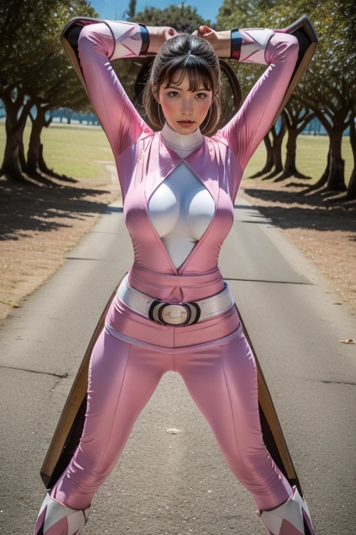 pink theme，pink ranger suit、curvy, big breats,  full body, tied on Saint Andrew's cross in X position