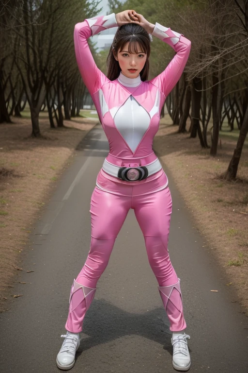 pink theme,pink ranger suit、curvy, big breats, full body, tied on Saint Andrew's cross in X position