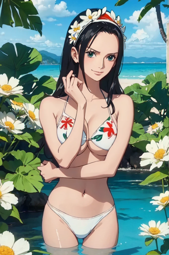 best quality, masterpiece, over  the  sea,1girl (((white bikini swimsuit、flowers printed)))、(((large breasts))), Beautiful sunlight on the beach, One Piece character Nico Robin, long black hair, extremely beautiful, looking at the viewer, standing in a bikini.(top-quality, 8K, masterpiece:1.3)), A detailed eye, (looking at from the front), Look at the camera, ((Everything is sparkling、reflecting light:1.2)), (Best Ratio: 4 fingers, 1 thumb), (portrait), 1 person, Nico Robin ((one piece)), Beautiful woman with perfect body, Highly detailed facial and skin texture,wearing accessories on head, all fingers pointing at viewer,(((Beautiful white bikini)))、(((Topless))),((( shirtless))), (((showing us perfect nipples, perfect areola, perfect nipples, estimated bust 88cm)))　
