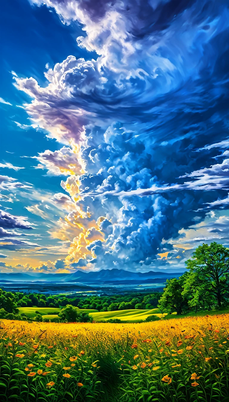 Summer sky (painterly style), Realistic, highly Realistic, Attention to detail, breathtakingly Realistic, High contrast realism, High Saturation Realism, Vibrant colors, Dramatic lighting, Fascinating landscape, Persuasive storytelling, Atmospheric scene, Captivating visuals, Intricate details, Strong emotions, Heavenly Beauty, A dreamlike world