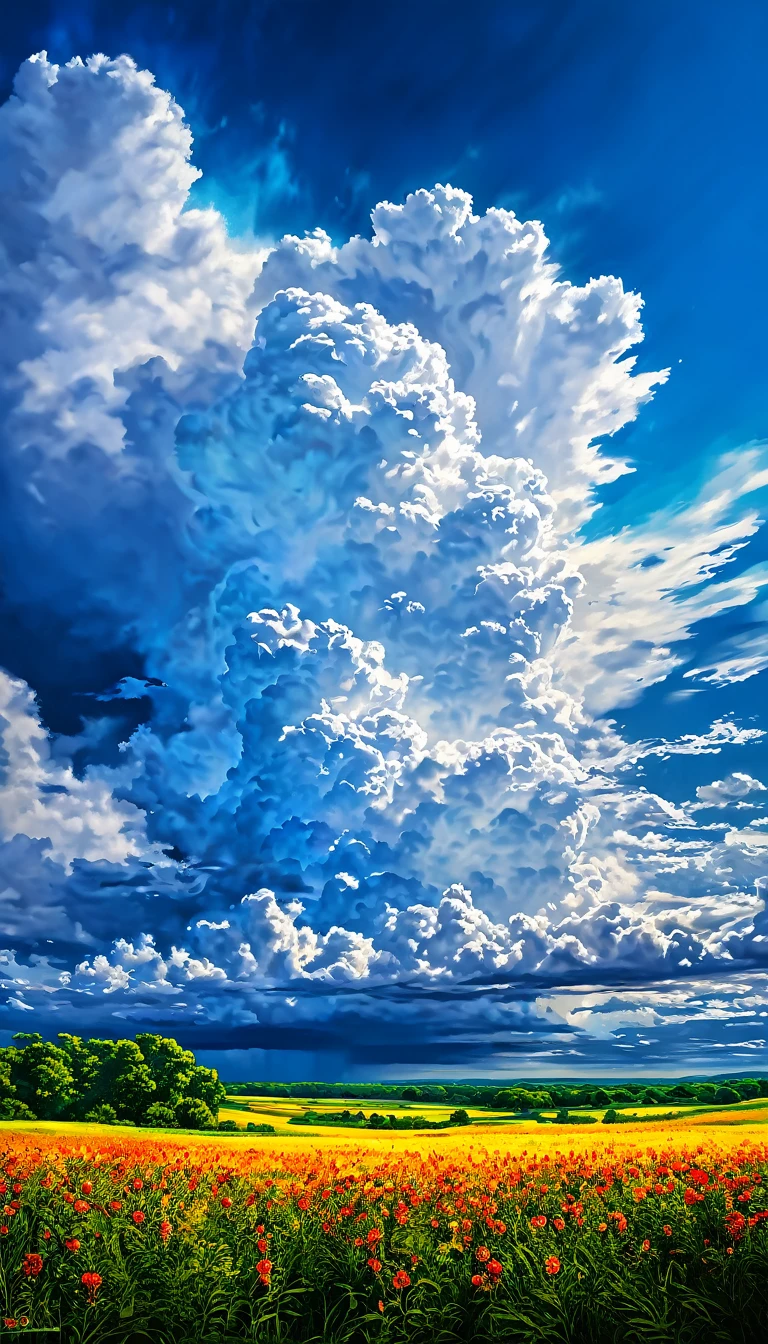 Summer sky (painterly style), Realistic, highly Realistic, Attention to detail, breathtakingly Realistic, High contrast realism, High Saturation Realism, Vibrant colors, Dramatic lighting, Fascinating landscape, Persuasive storytelling, Atmospheric scene, Captivating visuals, Intricate details, Strong emotions, Heavenly Beauty, A dreamlike world