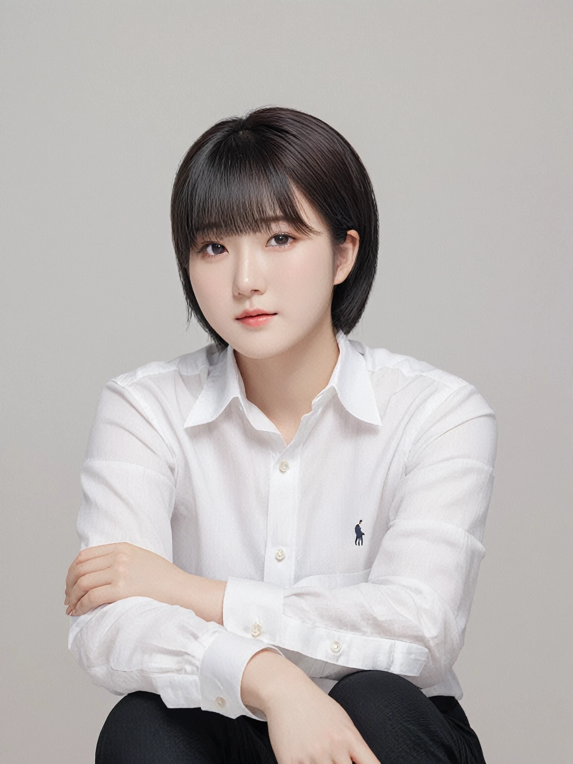 Best Quality, 8k, Masterpiece, (Portrait: 1.3), (photo realistic:1.4), (hyper realistic:1.4), Sharp Focus, looking at viewer, (smoother lighting:1.1), (increase cinematic lighting quality:0.9), realistic lighting, backlighting, light on face, ray trace, (brightening light:1.2), (Increase quality:1.4), sharp detail, (best quality real texture skin:1.4), finely detailed eyes, black_eyes, finely detailed face, 25 year old Korean woman, (white formal_shirt:1.4), (Create an image maintaining the original base model hairstyle:1.5)
