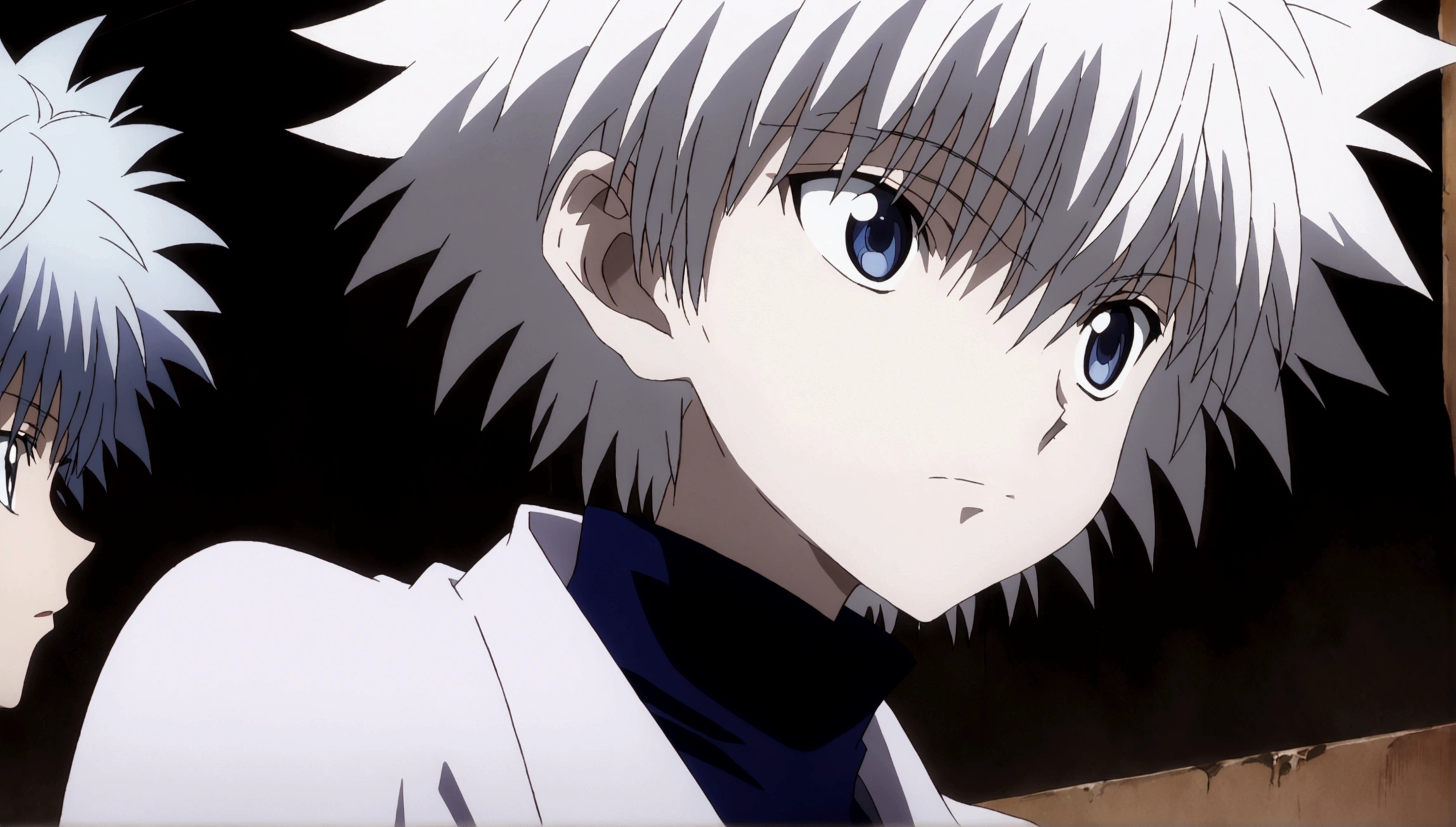 anime boy with white hair and blue eyes looking at something, Killua Zoldyck portrait, Killua Zoldyck, Nagisa Kaworu, Killua Zoldyck black hair, an anime portrait of cirno, anime shading), Mirai Nikki, Frame from the anime, in the anime movie, anime shading, anime cel shading