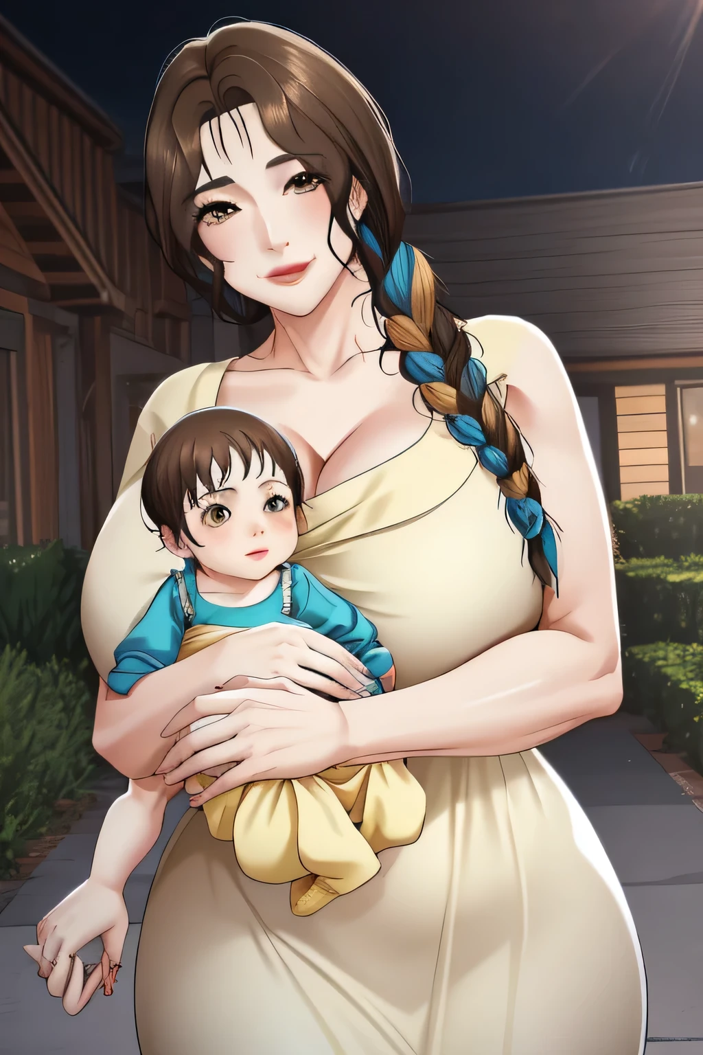 Anime colored, Maxi dress, breasts, (Holding a baby:1.5), (Hand holding baby:1.5), Baby, Smile, ((house wife)), ((masterpiece)), ((best quality)), (ultra-detailed), absurdres, extremely detailed CG unity 8k wallpaper, Official Art, Accurate describe shapes, beautiful face, expressive eyes, looking at viewer, solo, close-up, anime screencap, dramatic lighting, sitting, seductive smile, 1girl, (mature female, older, huge breasts:1.4), milf, motherly, wide hips, curvy, lips, HDR, big ass