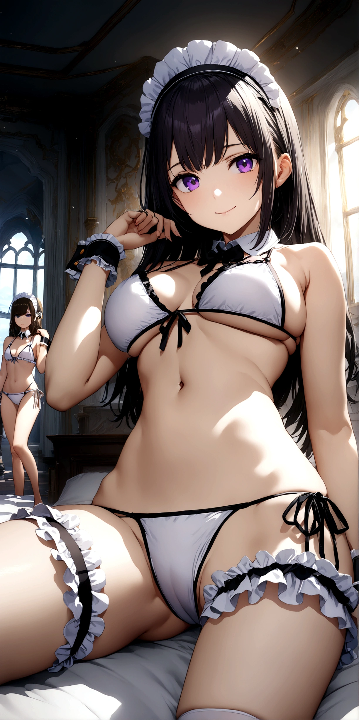 ((32k)), ((best quality)), ((ultra high res)), ((HDR)), ((UHD)), ((extremely detailed CG)), ((unity 32k wallpaper)), (cute girl), (((18 years old))), ((3 girls)), closed mouth, purple eyes, bikini, thighs, cowboy shot, frills, indoors, hand up, stomach, white thighhighs, hand on hip, wrist cuffs, maid, maid headdress, bare arms, skindentation, detached collar, side-tie bikini bottom, white bikini, single thighhigh, string bikini, frilled bikini, bridal garter, maid bikini, smile, large breasts, (Lie on the bed), (Spread your legs wide),