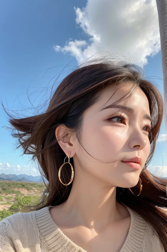 Human-quality quality Hair blowing in the wind Large earrings in the ears A little big boobs Looking down from below Beautiful woman Tight face Wrinkles look natural