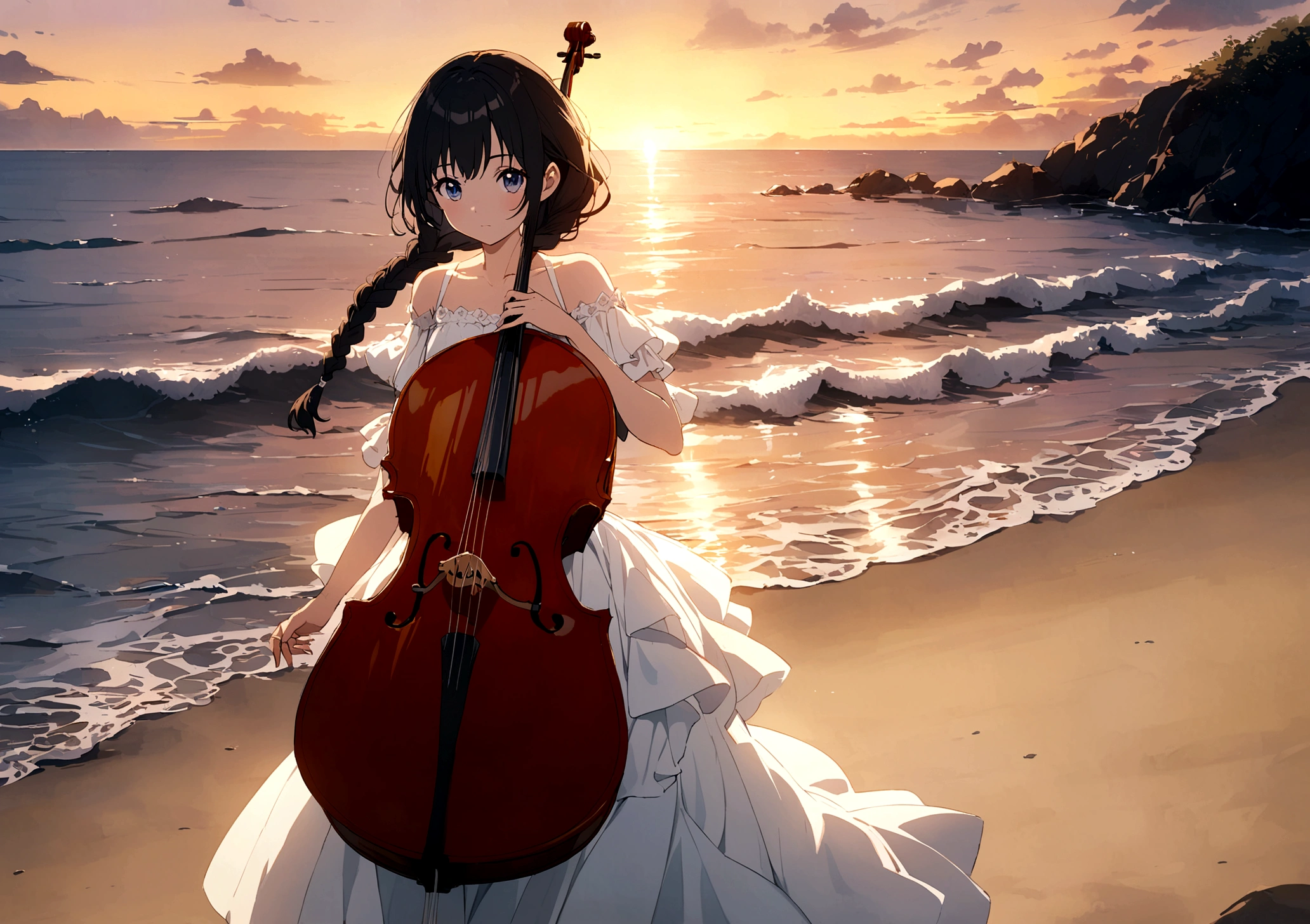 Braided black hair anime girl,White Dress、alone、Standing with a cello、 looking at the camera、whole body、coastal、Sunset