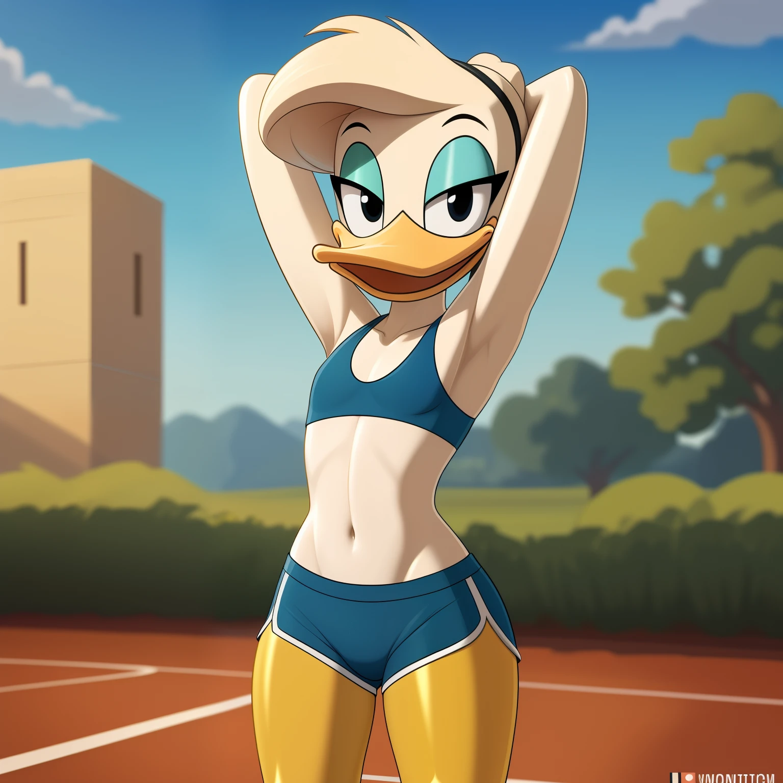 photorealism, duck, Betsy Duck, detailed background, outside, eyeshadow, tan hairstyle: 1:2, cartoon, (flat chested), (yellow legs: 1.6), webbed feet, smiling, happy, ducktales

wear cyan sports bra, cyan shorts, stretching her arms, intricate, detailed

simple black eyes, detailed, intricate, long skinny torso, (showing her torso)

highest quality, (detailed white skin:1.3), (looking at the viewer), (soft cinematic light:1.1) ,