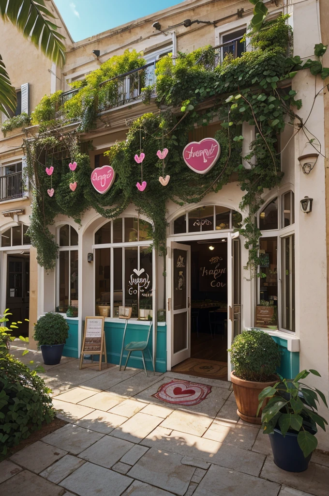 (Scene transitions to the Happy Cup Cafe. The heart-shaped vine from earlier winds around the cafe entrance.)detailed high quality illustrati