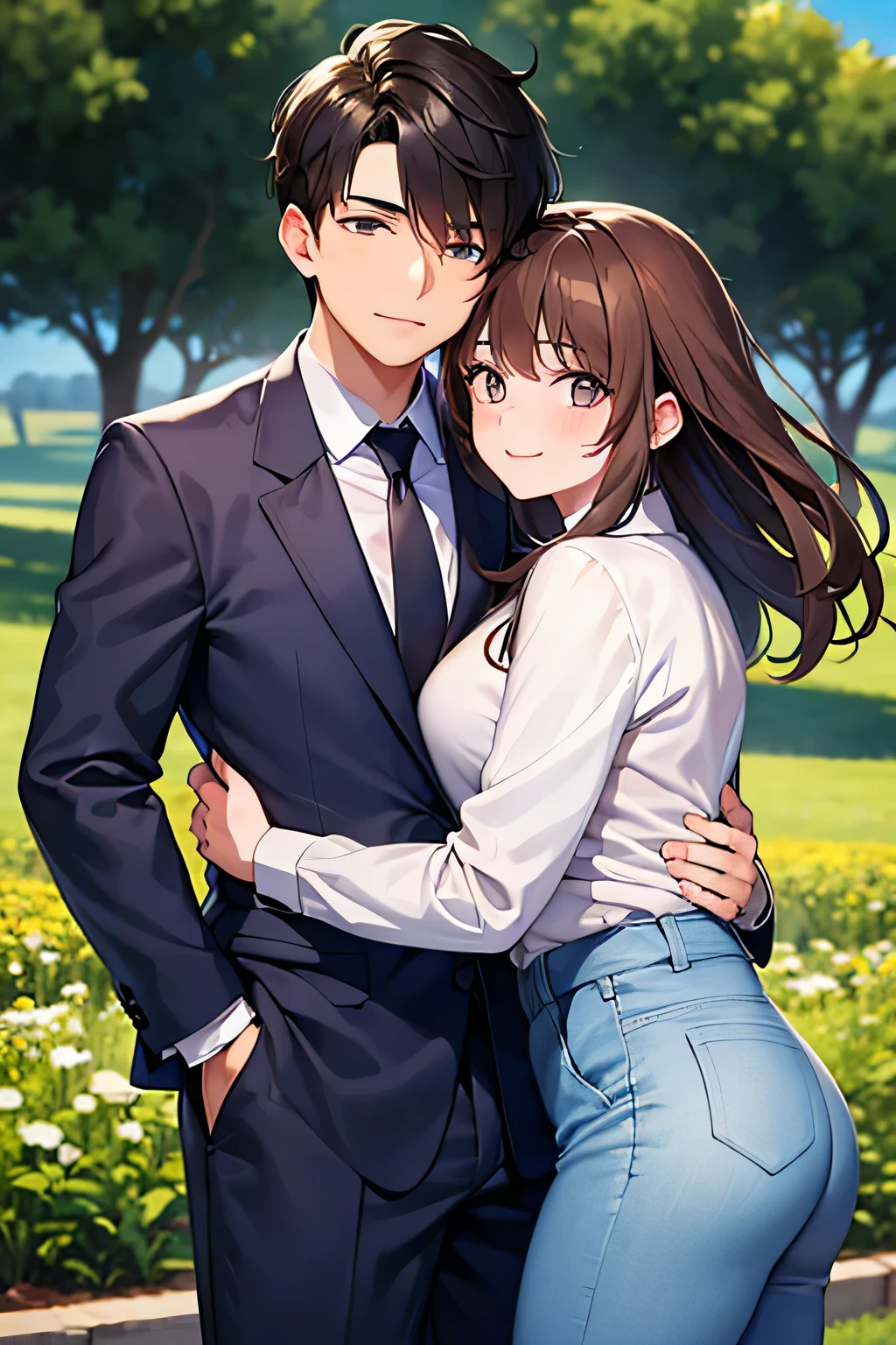 Young 20 year old businessman . hugging a girl on a farm