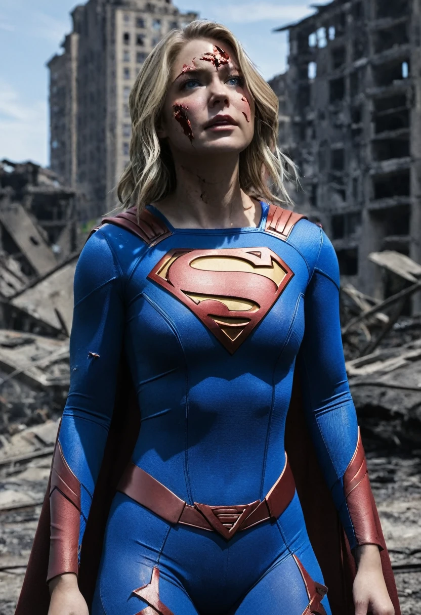 1girl, supergirl, highest quality, masterpiece, supergirl bodysuit, ((Torn costume)), horrified face, wounds on body, bleeding from chest, rolled eyes, laying on back, blue suit, Superman logo on chest, ((bruises on body)), scars on body, wounds on body, injury face and body, a devastated world, ruins, abandoned building, ((roasted over fire:1.2))
