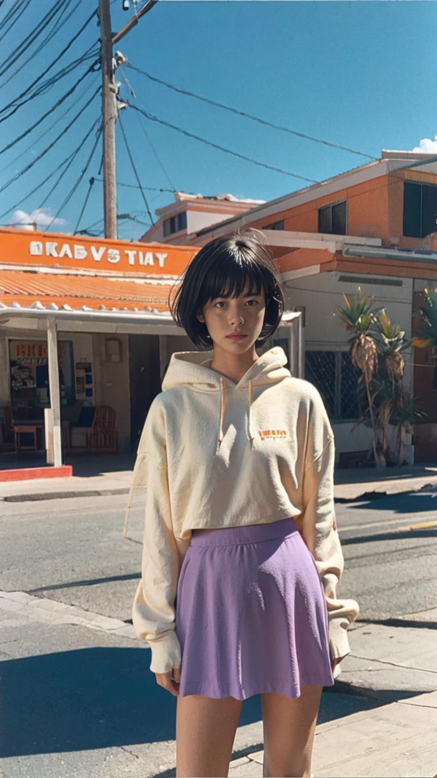 portrait of a 23 yo girl, (perfect natural breast) ,wear ((orange color oversized hoodie)), wear ((purple tennis skirt)),looking front,Best Quality,Masterpiece,Ultra High Resolution,(Realisticity:1.4),Original Photo, 1Girl, light leak,ultra high resolution,UHD,beautiful, (black bob hair), almond eye, no makeup, in front of (80's mondrian architecture motel), (realistic:1.2), (surreal:1.3), (very detailed:1.1), ((masterpiece)),summer, blue sky, palm trees,sunny, los angles vibes,film camera, 800mm lens,style of Philip Lorca diCorcia