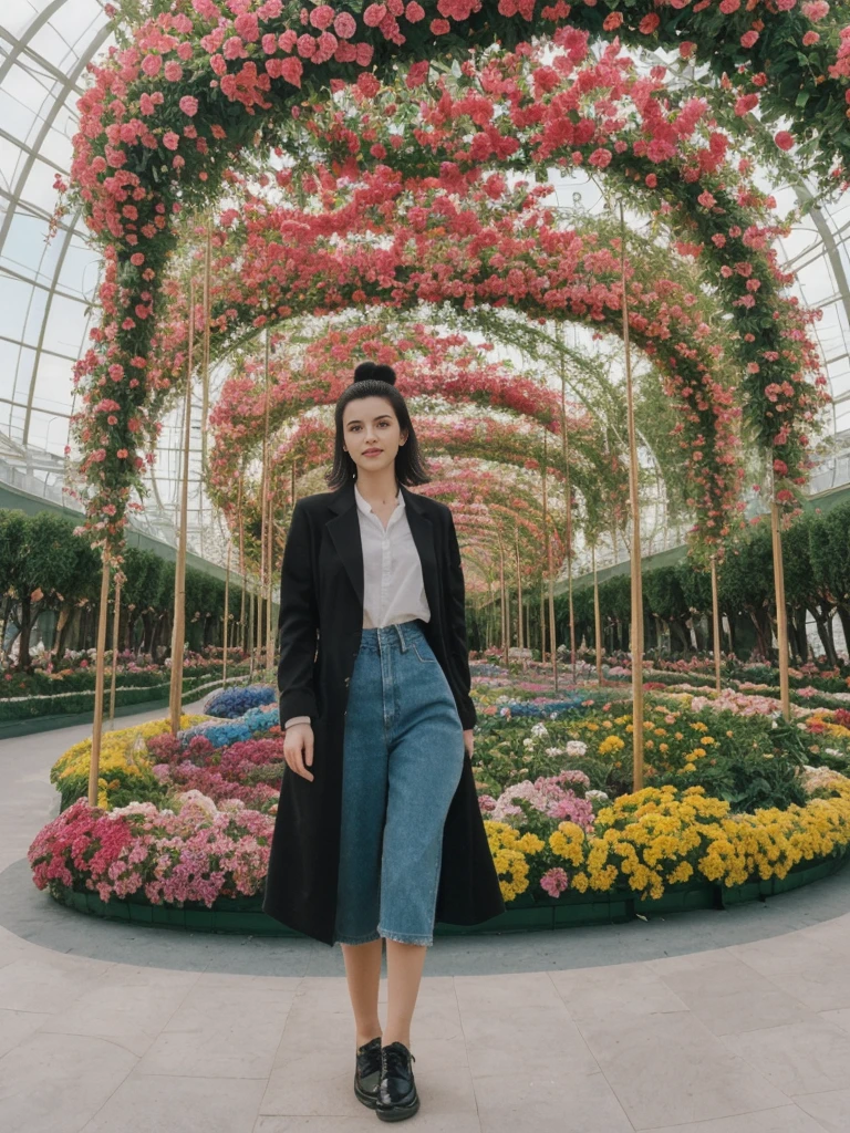 her name is Amelie, high quality, 1girl, ((20-year-old fit Caucasian woman)), ((20 years old)), ((fit)), ((Half-Up Bun dark hair)), pose: standing, wearing stylish fashionable Generation-Z modern wear colored, BACKGROUND: At the Dubai Miracle Garden, with elaborate floral displays, themed gardens, and views of the Dubai skyline.