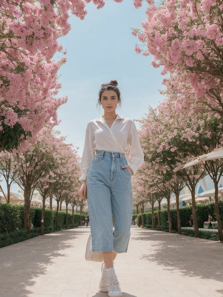 her name is Amelie, high quality, 1girl, ((20-year-old fit Caucasian woman)), ((20 years old)), ((fit)), ((Half-Up Bun dark hair)), pose: standing, wearing stylish fashionable Generation-Z modern wear colored, BACKGROUND: At the Dubai Miracle Garden, with elaborate floral displays, themed gardens, and views of the Dubai skyline.