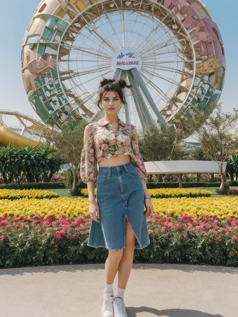 her name is Amelie, high quality, 1girl, ((20-year-old fit Caucasian woman)), ((20 years old)), ((fit)), ((Half-Up Bun dark hair)), pose: standing, wearing stylish fashionable Generation-Z modern wear colored, BACKGROUND: At the Dubai Miracle Garden, with elaborate floral displays, themed gardens, and views of the Dubai skyline.