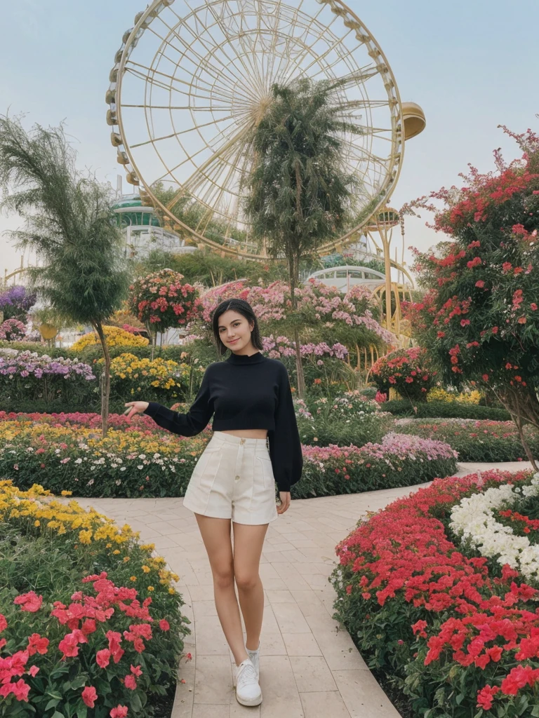 her name is Amelie, high quality, 1girl, ((20-year-old fit Caucasian woman)), ((20 years old)), ((fit)), ((Half-Up Bun dark hair)), pose: standing, wearing stylish fashionable Generation-Z modern wear colored, BACKGROUND: At the Dubai Miracle Garden, with elaborate floral displays, themed gardens, and views of the Dubai skyline.