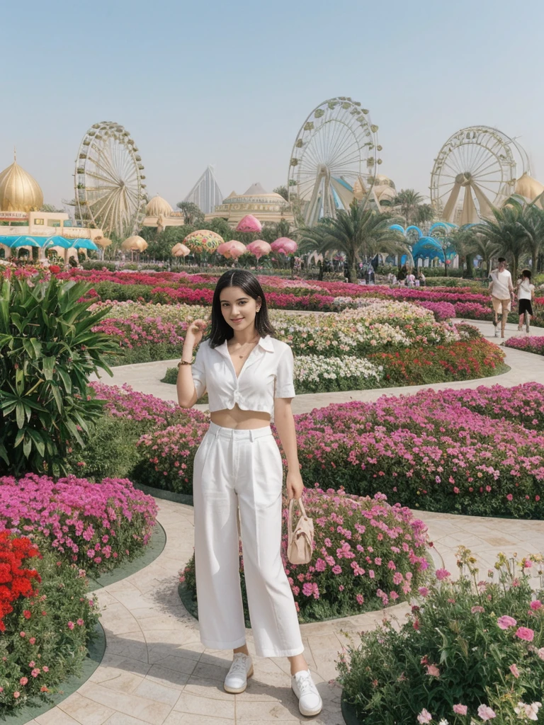 her name is Amelie, high quality, 1girl, ((20-year-old fit Caucasian woman)), ((20 years old)), ((fit)), ((Half-Up Bun dark hair)), pose: standing, wearing stylish fashionable Generation-Z modern wear colored, BACKGROUND: At the Dubai Miracle Garden, with elaborate floral displays, themed gardens, and views of the Dubai skyline.