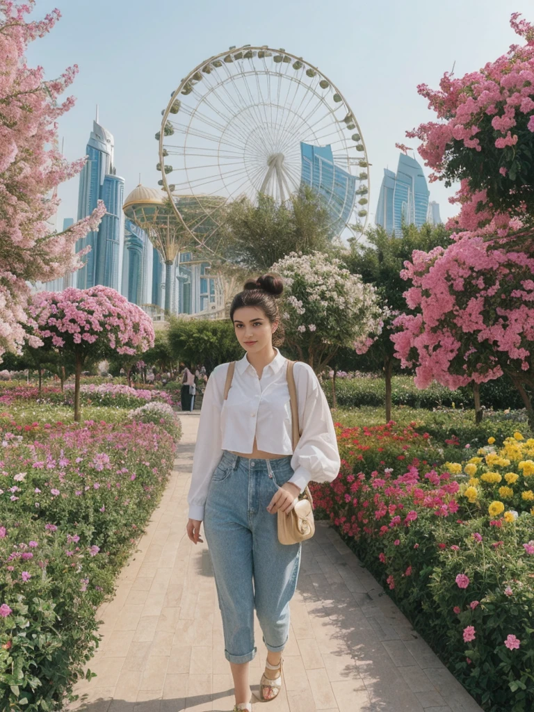 her name is Amelie, high quality, 1girl, ((20-year-old fit Caucasian woman)), ((20 years old)), ((fit)), ((Half-Up Bun dark hair)), pose: standing, wearing stylish fashionable Generation-Z modern wear colored, BACKGROUND: At the Dubai Miracle Garden, with elaborate floral displays, themed gardens, and views of the Dubai skyline.
