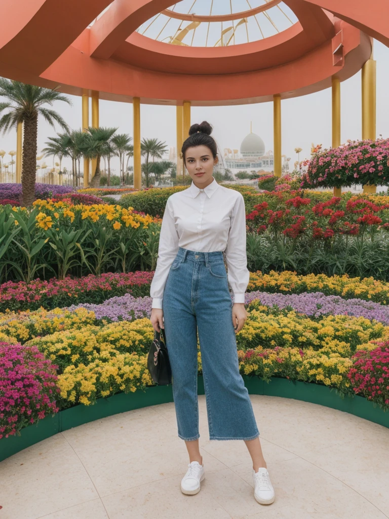 her name is Amelie, high quality, 1girl, ((20-year-old fit Caucasian woman)), ((20 years old)), ((fit)), ((Half-Up Bun dark hair)), pose: standing, wearing stylish fashionable Generation-Z modern wear colored, BACKGROUND: At the Dubai Miracle Garden, with elaborate floral displays, themed gardens, and views of the Dubai skyline.