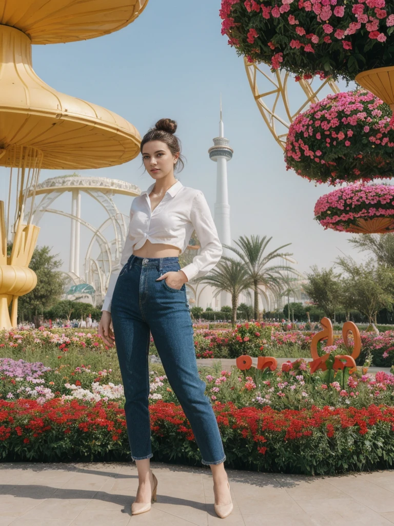 her name is Amelie, high quality, 1girl, ((20-year-old fit Caucasian woman)), ((20 years old)), ((fit)), ((Half-Up Bun dark hair)), pose: standing, wearing stylish fashionable Generation-Z modern wear colored, BACKGROUND: At the Dubai Miracle Garden, with elaborate floral displays, themed gardens, and views of the Dubai skyline.