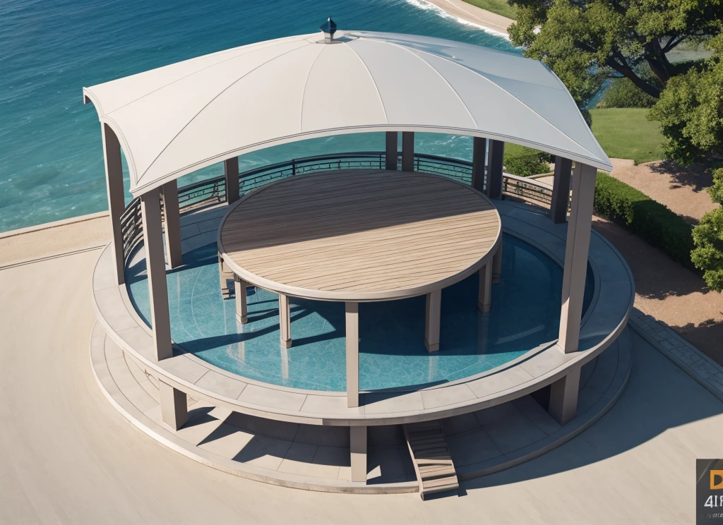 Aerial view,A modern gazebo,Open design,metallic feel,Real material,Ultra-detailed scenes,4K,real picture
