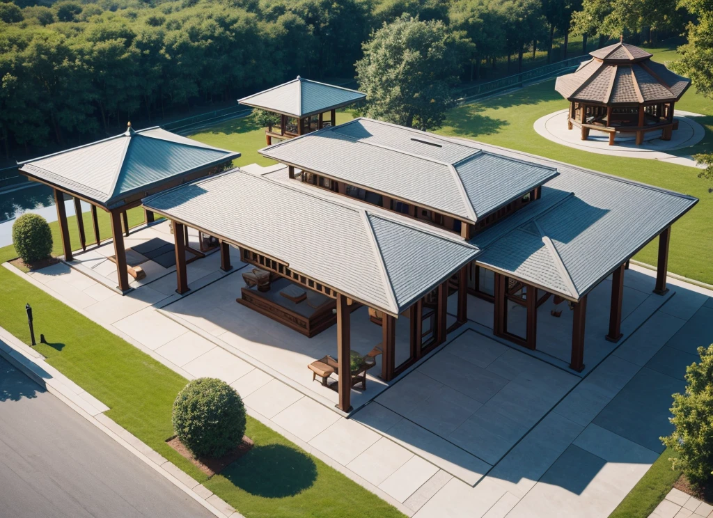 Aerial view,A modern gazebo,Open design,metallic feel,Real material,Ultra-detailed scenes,4K,real picture