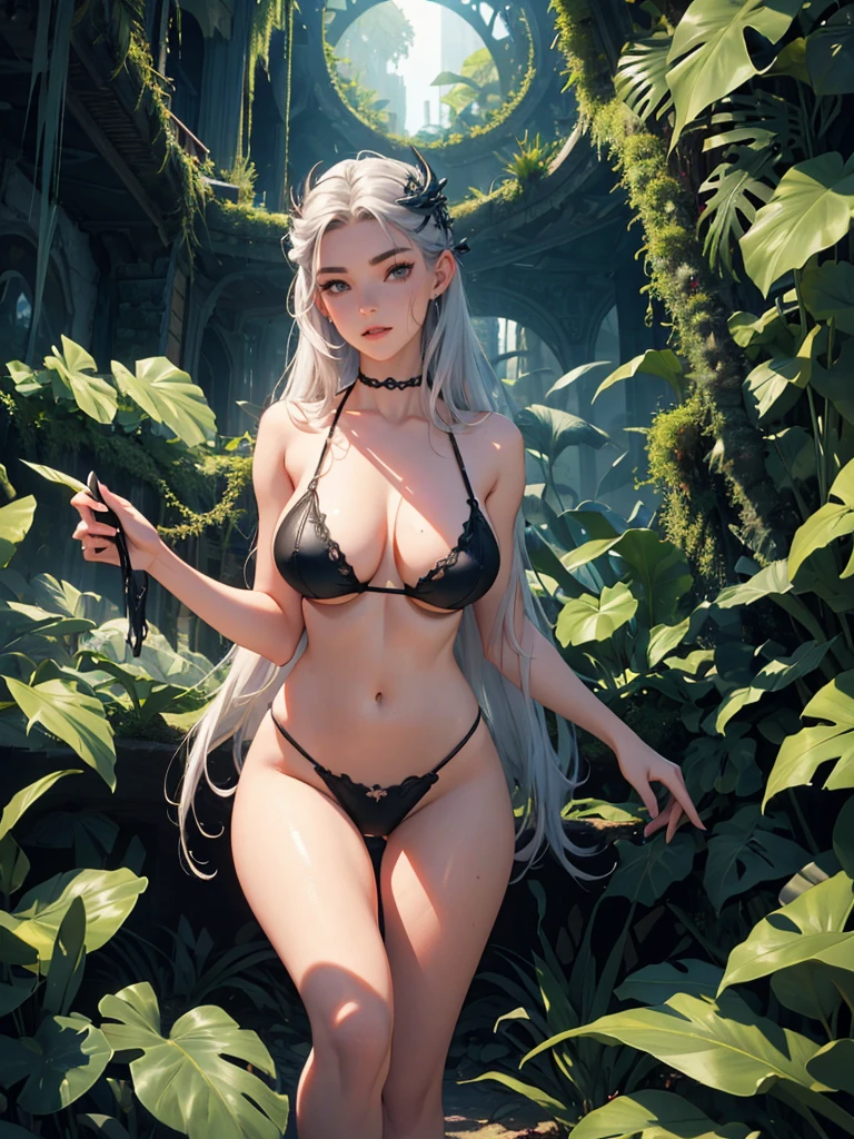 1 girl in a silver sexy exploration bikini, gorgeous woman, beautiful detailed eyes, beautiful detailed lips, extremely detailed eyes and face, long eyelashes, tentacle vines, enormous man eating maw, alien landscape, man-eating plants, 50s sci-fi, cinematic lighting, dark moody atmosphere, vivid colors, photorealistic, highly detailed, 8k, best quality, masterpiece (show her entire body, show all of her, full body shown)