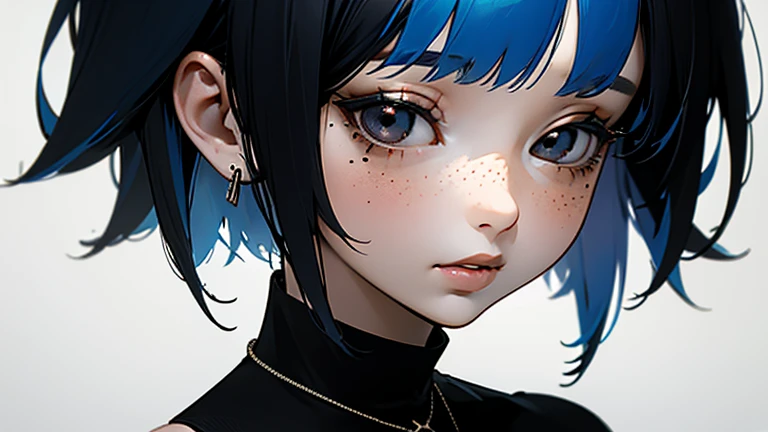 masterpiece, best quality,3d渲染工作 ,3dMM 风格,close up,portrait, 3d,1 Girl, Solitary, Colorful hair, Blue Hair, Black Hair, necklace, freckle, Jewelry, Two-tone hair, looking off to the side, Practical, Upper Body, Simple background, Bangs, Look away, short hair, parted Lips, black eyes, Lips, Gothic, Necklace, cosmetic, mole, black shirt, shirt, Watermark