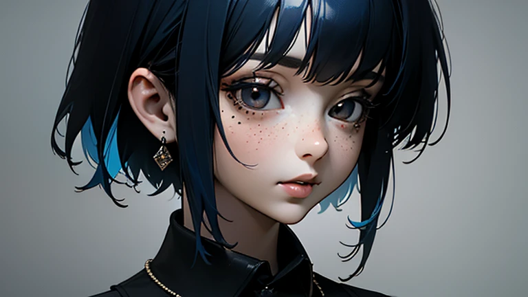 masterpiece, best quality,3d渲染工作 ,3dMM 风格,close up,portrait, 3d,1 Girl, Solitary, Colorful hair, Blue Hair, Black Hair, necklace, freckle, Jewelry, Two-tone hair, looking off to the side, Practical, Upper Body, Simple background, Bangs, Look away, short hair, parted Lips, black eyes, Lips, Gothic, Necklace, cosmetic, mole, black shirt, shirt, Watermark