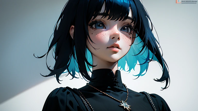masterpiece, best quality,3d渲染工作 ,3dMM 风格,close up,portrait, 3d,1 Girl, Solitary, Colorful hair, Blue Hair, Black Hair, necklace, freckle, Jewelry, Two-tone hair, looking off to the side, Practical, Upper Body, Simple background, Bangs, Look away, short hair, parted Lips, black eyes, Lips, Gothic, Necklace, cosmetic, mole, black shirt, shirt, Watermark