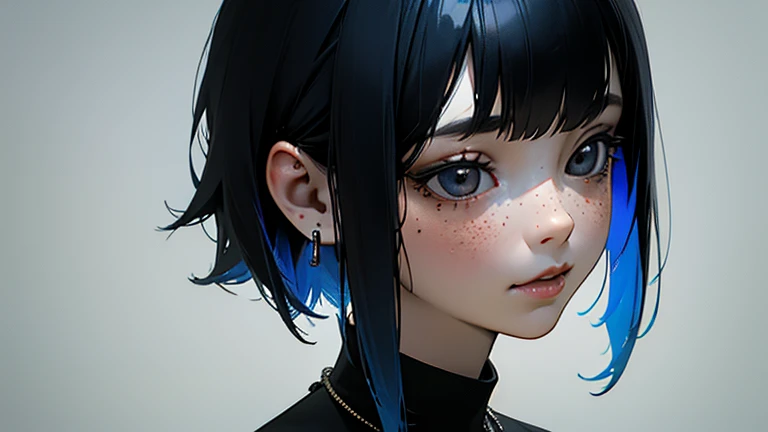 masterpiece, best quality,3d渲染工作 ,3dMM 风格,close up,portrait, 3d,1 Girl, Solitary, Colorful hair, Blue Hair, Black Hair, necklace, freckle, Jewelry, Two-tone hair, looking off to the side, Practical, Upper Body, Simple background, Bangs, Look away, short hair, parted Lips, black eyes, Lips, Gothic, Necklace, cosmetic, mole, black shirt, shirt, Watermark
