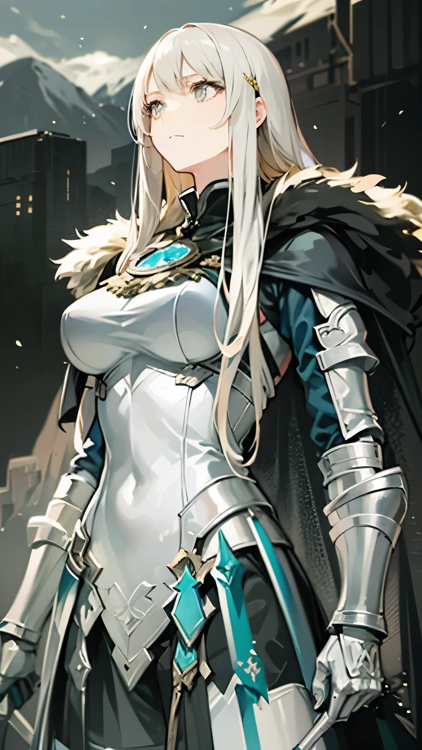 A female swordsman wearing large armor, long blonde hair, silver eyes, a silver cape and armor, blowing wind, a desolate mountain region,
