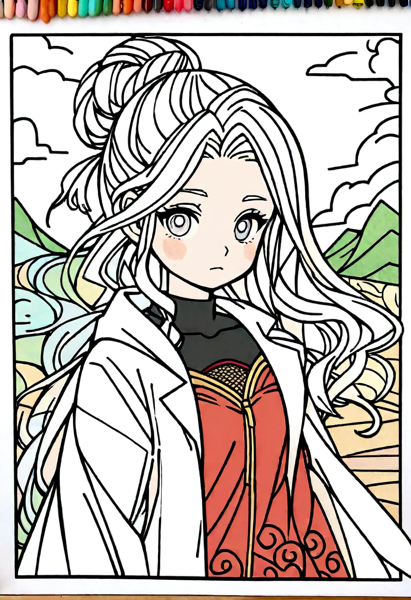 create a girl 1, hair, (white eyes), akatsuki outfit, ninja, cape, lab coat, turtleneck, collarbone, head, outdoors, hair bun part, hair, long hair, style 2d rendering, no background, coloring line art, cool coloring pages, coloring book art, coloring book page style vector lines, 8k